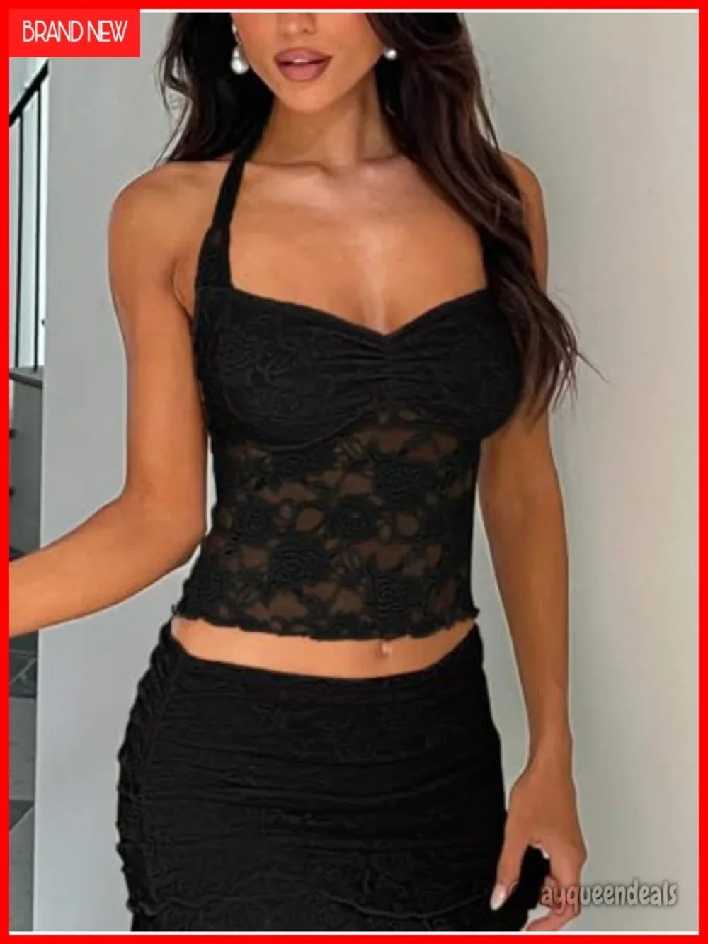 Lace Halter Crop Top Sleeveless Backless Night Out Y2K Tank Top